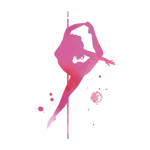 Vector watercolor pink silhouette women pole dance exotic — Stock Vector
