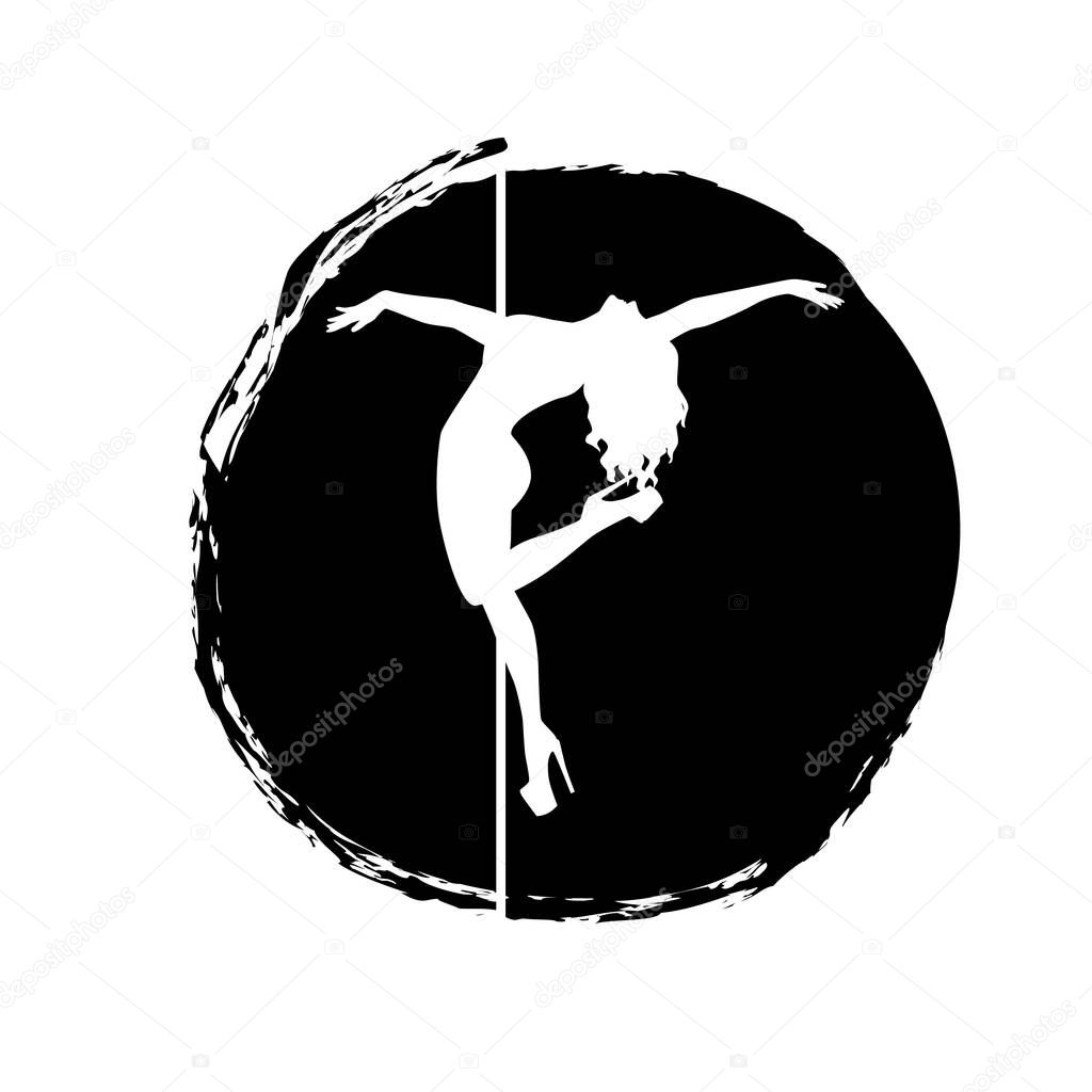 White silhouette pole dance on a abstract black spot on a white background. Pole dance exotic vector illustration. Clipart for logotype, badge, icon, logo, banner, tag, clothes