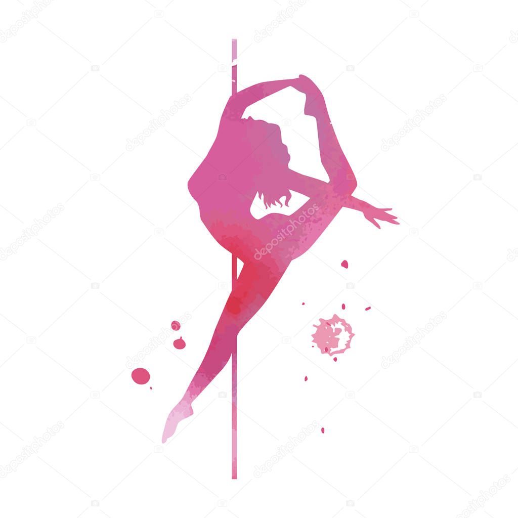 Vector silhouette pole dance with watercolor texture on a white background. Hand sketch exotic dance vector illustration. Pink isolated clipart for logotype, badge, icon, logo, banner, tag, clothes