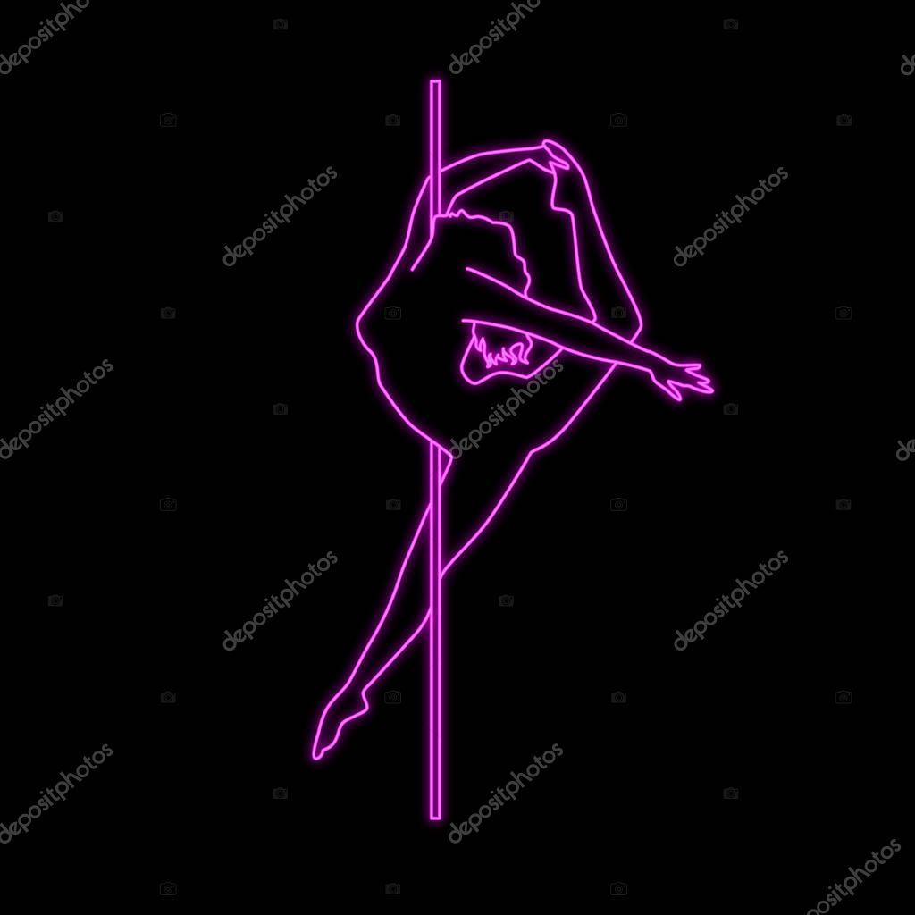 Vector silhouette of girl and pole with neon effect. Pole dance illustration for fitness, striptease dancers, exotic dance. Vector illustration EPS10 for logotype, badge, icon, logo, banner, tag.