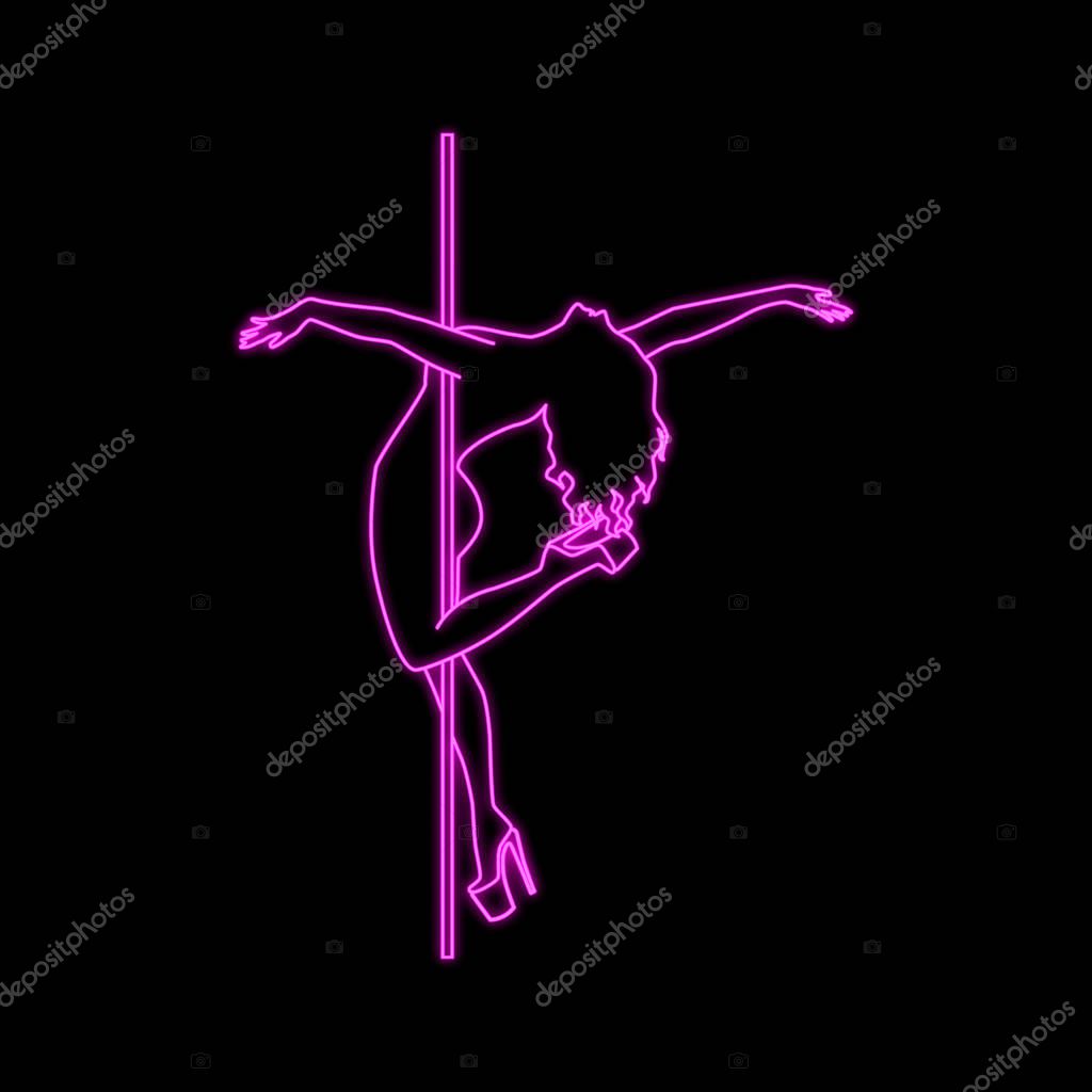Vector silhouette of girl and pole with neon effect. Pole dance illustration for fitness, striptease dancers, exotic dance. Vector illustration EPS10 for logotype, badge, icon, logo, banner, tag.
