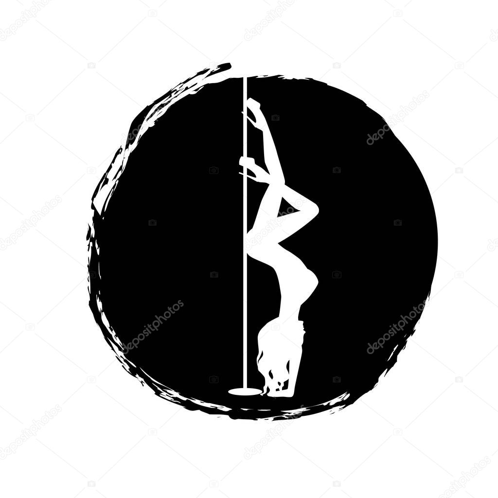 White silhouette pole dance on a abstract black spot on a white background. Pole dance exotic vector illustration. Clipart for logotype, badge, icon, logo, banner, tag, clothes