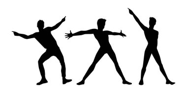 Beyaz arka planda siyah adam siluetleri. Erkek sokak dansı yapan hip hop dansçıları. Logo, etiket, logoti, ikon, afiş ve poster için izole edilmiş vektör adamlar. Dans stüdyosu için resim