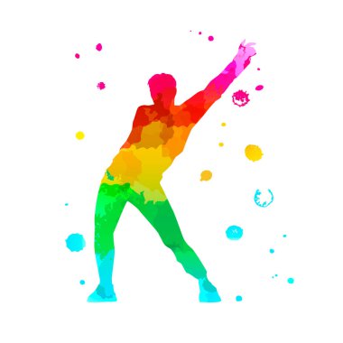 Beyaz arka planda dans eden bir adamın renkli silueti. Bir erkek sokak dansı hip hop dansçısı. Logo, çıkartma, afiş ve poster için suluboya desenli izole edilmiş vektör adam. Dans stüdyosu için resim