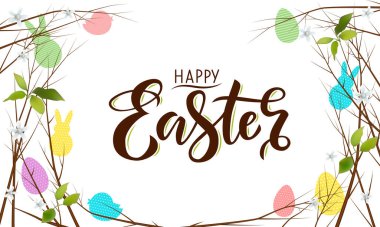 Beyaz arka planda paskalya yumurtaları ve dallardan oluşan metin ve dekoratif kompozisyon içeren mutlu Paskalya afişleri. Kart, davetiye, satış, internet ve gönderi için 3d paskalya yumurtası şablonu. Tebrik kartı modayı tasarımı