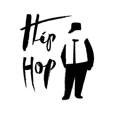 Siyah bir rap 'çi silueti ve beyaz arka planda harfler. Bir erkek sokak dansı hip hop dansçısı. Logo, etiket, logotype, simge, afiş ve dans stüdyosu posterleri için izole edilmiş vektör çizimi