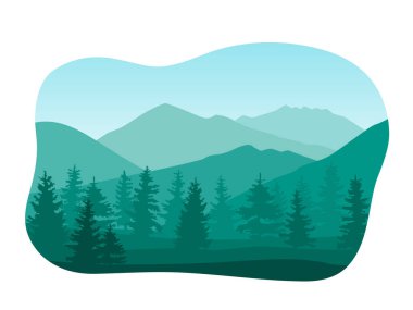 Ormanlı bir dağ manzarasının vektör çizimi. Yürüyüş, pist ve kamp için düz yeşil çizgi film çizimi. Açık hava ve yürüyüş konsepti. Dağlı ve ağaçlı bir şablon.