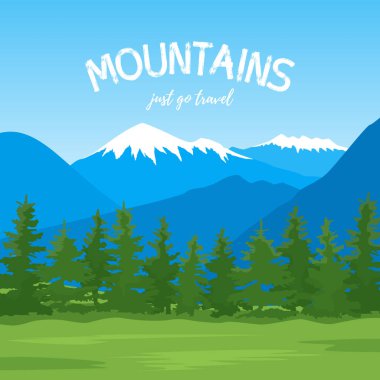 Ormanlı bir dağ manzarasının vektör çizimi. Yürüyüş, pist ve kamp için düz çizgi film çizimi. Açık hava ve yürüyüş konsepti. Dağlı ve ağaçlı bir şablon.