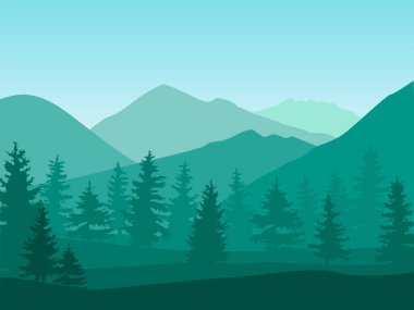 Ormanlı bir dağ manzarasının vektör çizimi. Yürüyüş, pist ve kamp için düz yeşil çizgi film çizimi. Açık hava ve yürüyüş konsepti. Dağlı ve ağaçlı bir şablon.