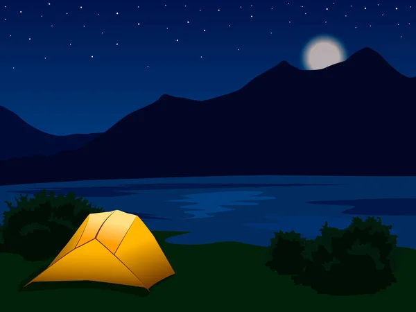 landscape with silhouettes of mountains, lake, river and stars in the sky. Night mountain landscape with illuminated orange tent. Vector illustration for hike, track, camp