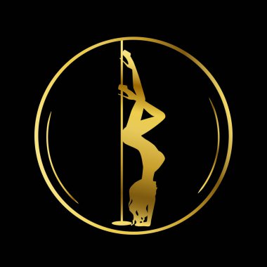 Dans stüdyosu, Pole Dance, striptizci kulübü için altın logosu. Siyah bir arka planda siluet pole dans. Pole Dans egzotik vektör illüstrasyon. Logotype, simge, afiş için vektör Illustration
