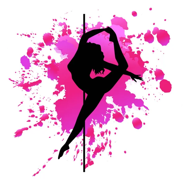 Vetor Preto Silhueta Pole Dance Rosa Aguarela Blot Fundo Branco — Vetor de Stock