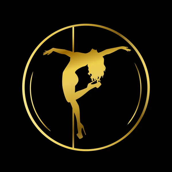 Gold logo for Dance studio, Pole dance, stripper club. Silhouette pole dance on a black background. Pole dance exotic vector illustration. Vector illustration for logotype, icon, banner