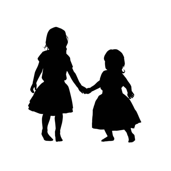 Schwarz Zwei Kleine Mädchen Silhouetten Auf Weißem Hintergrund Urlaubscliparts Grußkarte — Stockvektor