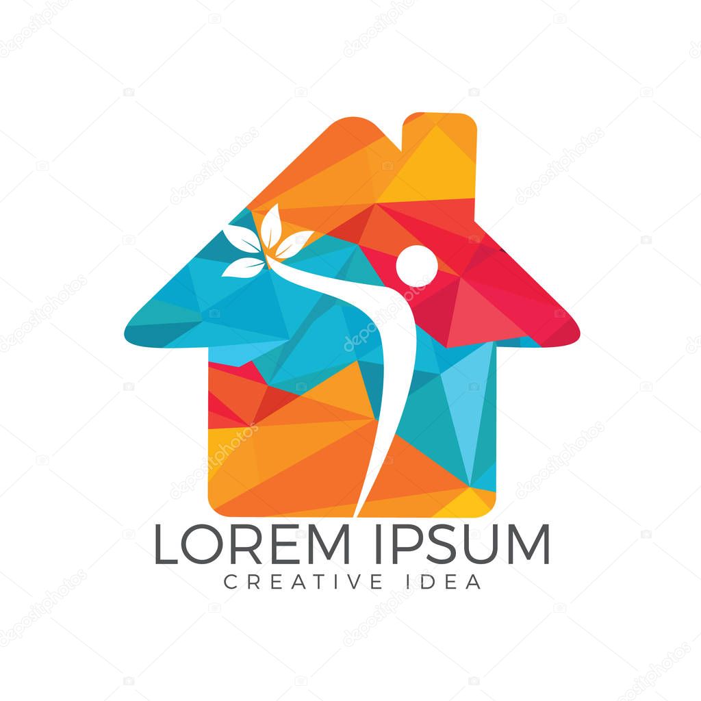 Human character and home logo design. Health center home care real estate apartments or hotel logo kindergarten or preschool design concept.