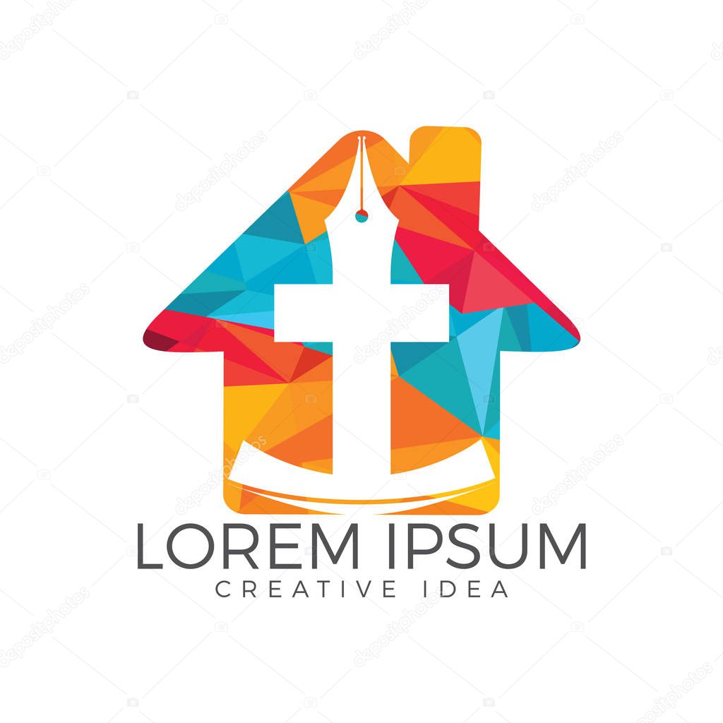 Christian church vector logo design. Crucifixion with home and pen nib icon. Religious educational symbol. Bible learning and teaching class.