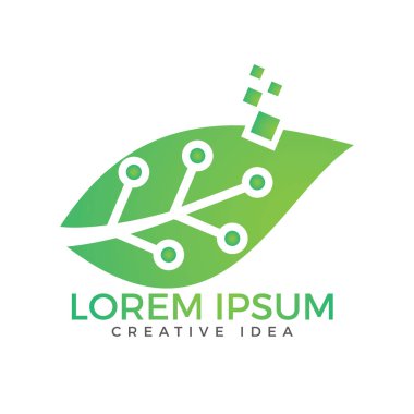 Yaprak yeşil teknoloji logo tasarımı. Devre yaprak vektör tasarımı.