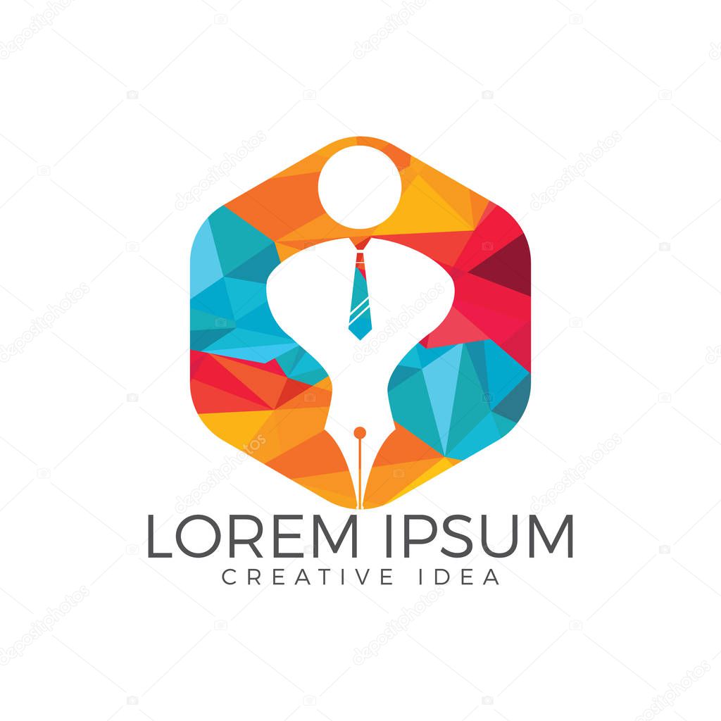 Pen nib or pen tip with a man head on the top for gentle pen logo vector. Education Logo. Institutional and educational vector logo design.