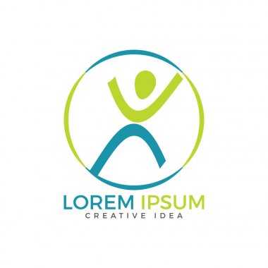 Mutlu insan silueti ile soyut yuvarlak sembolü. Spor fitness tıbbi ya da Sağlık Merkezi logo tasarım konsepti.