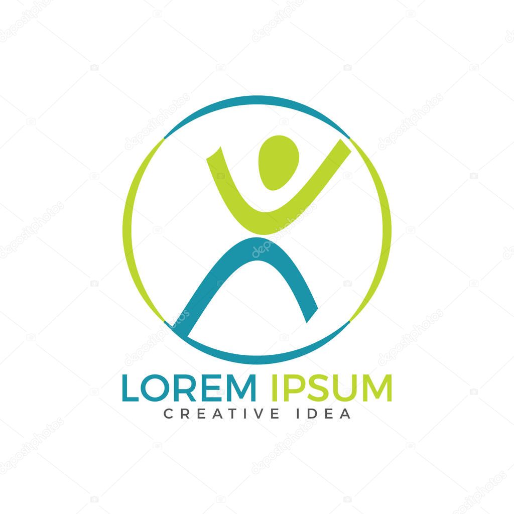 Abstract round symbol with happy human silhouette. Sport fitness medical or health care center logo design concept.