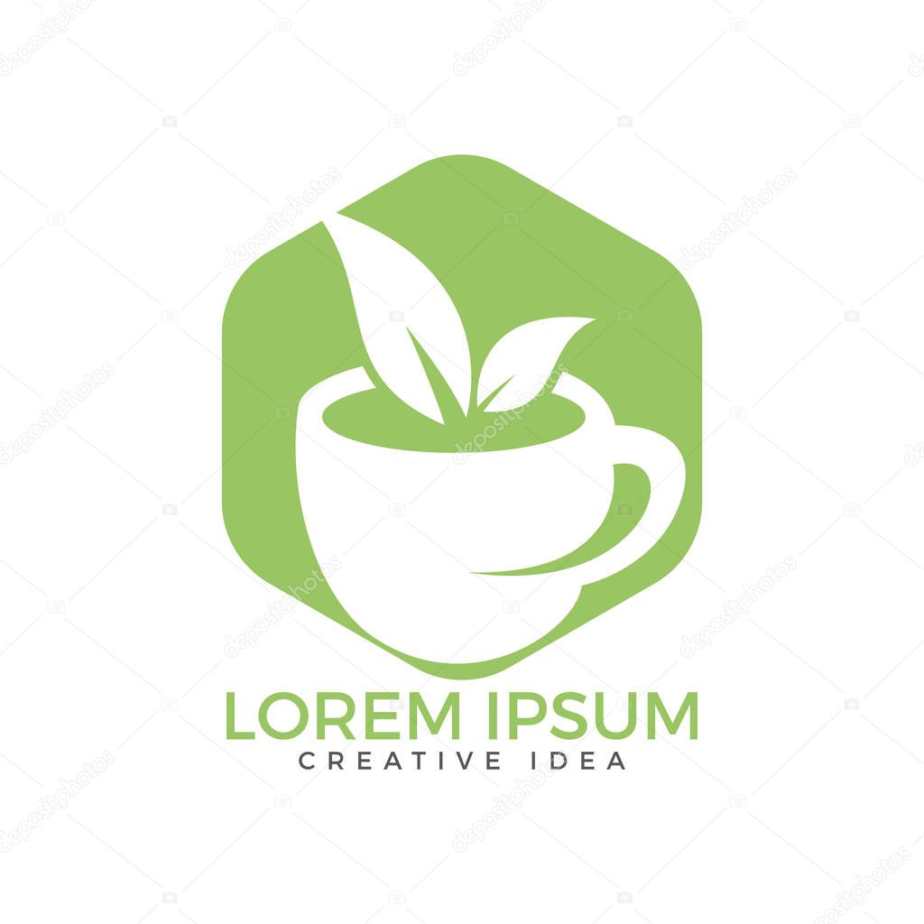 Cup of tea and house logo design. Healthy drink sign.