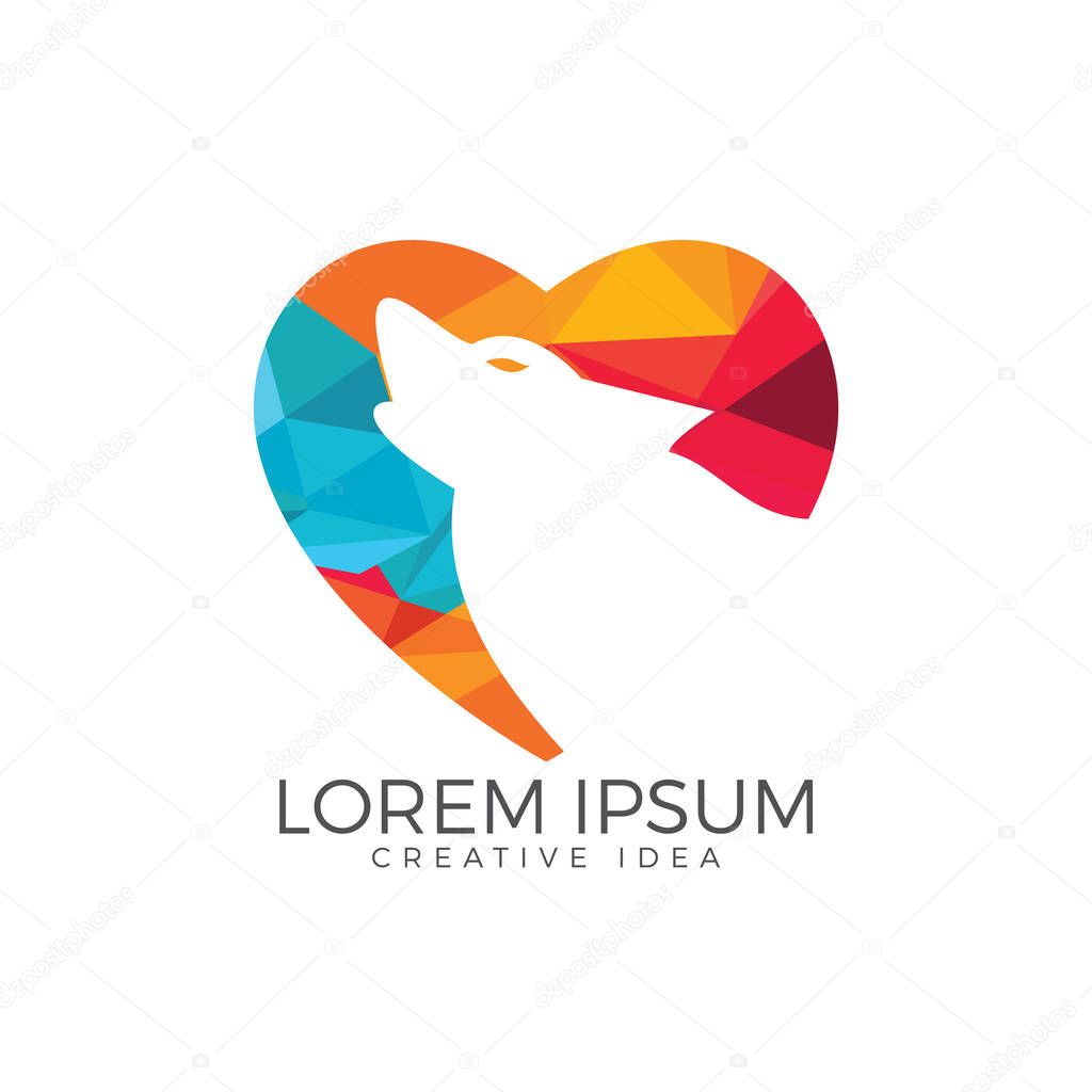 Wolf vector logo design. Heart template design. Sport and strength sign.