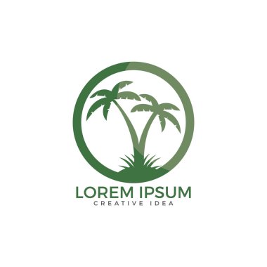 Tropikal plaj ve palmiye ağacı logo tasarımı. Seyahat ve tatil simgesini işaret.