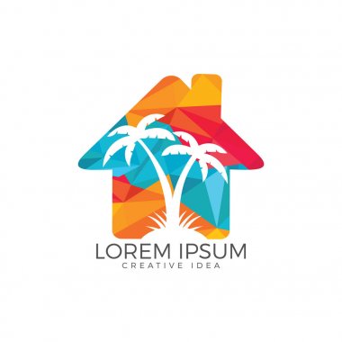 Vektör evi ve palmiye ağacı logosu. Plaj evi logosu tasarımı.