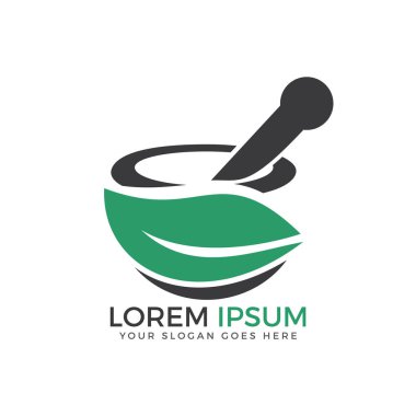 Eczane tıbbi logosu. Doğal harç ve tokmak logosu.
