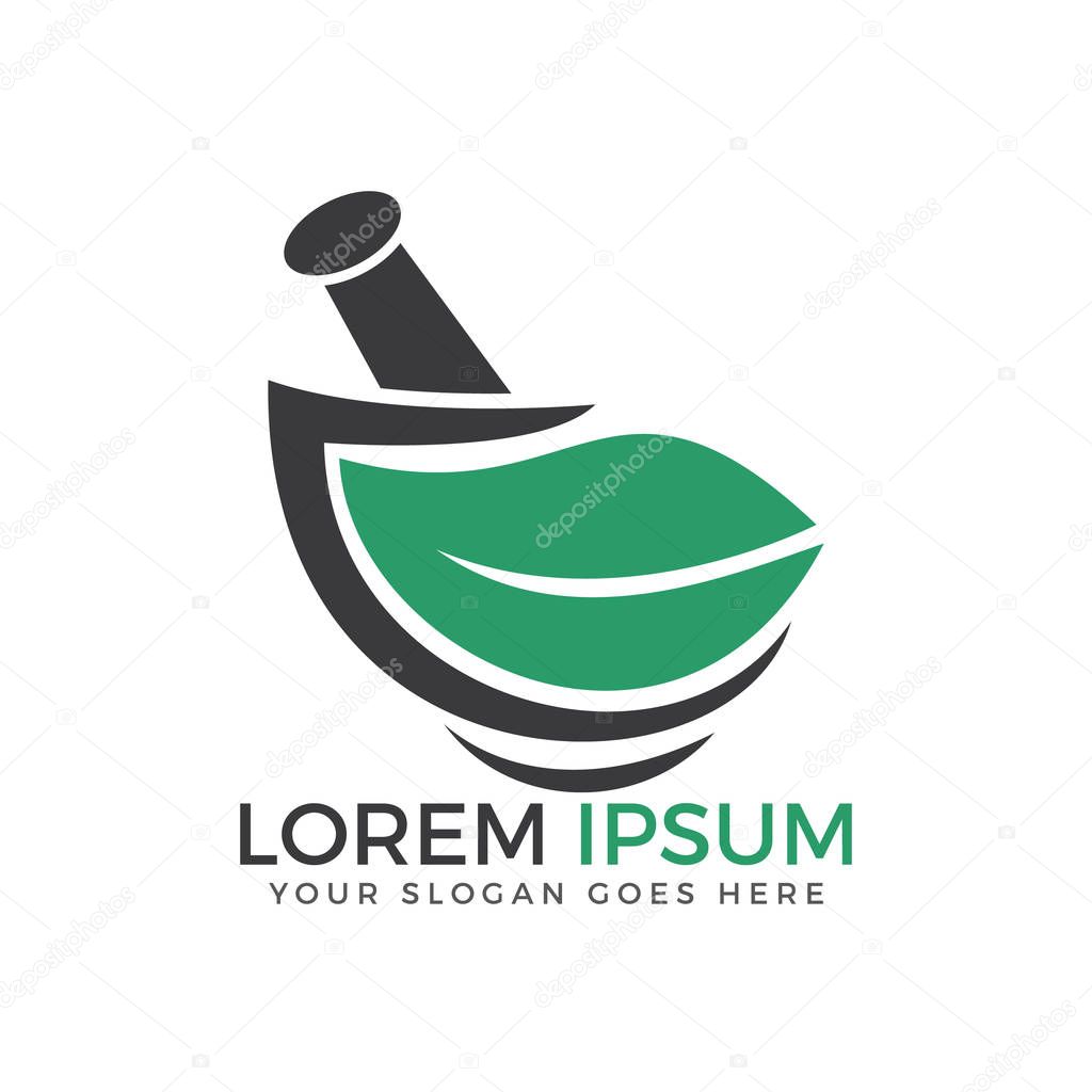 Pharmacy medical logo. Natural mortar and pestle logo.