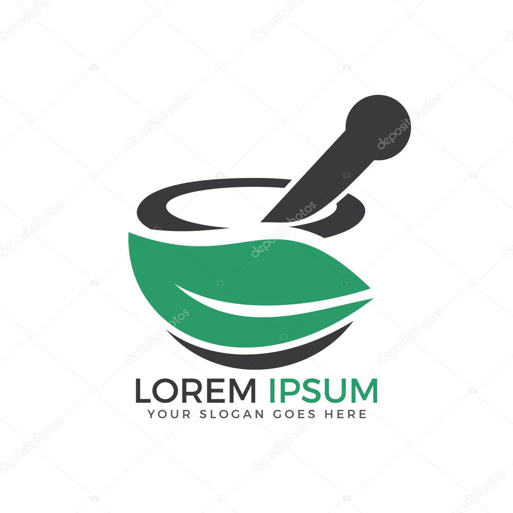 Pharmacy medical logo. Natural mortar and pestle logo.