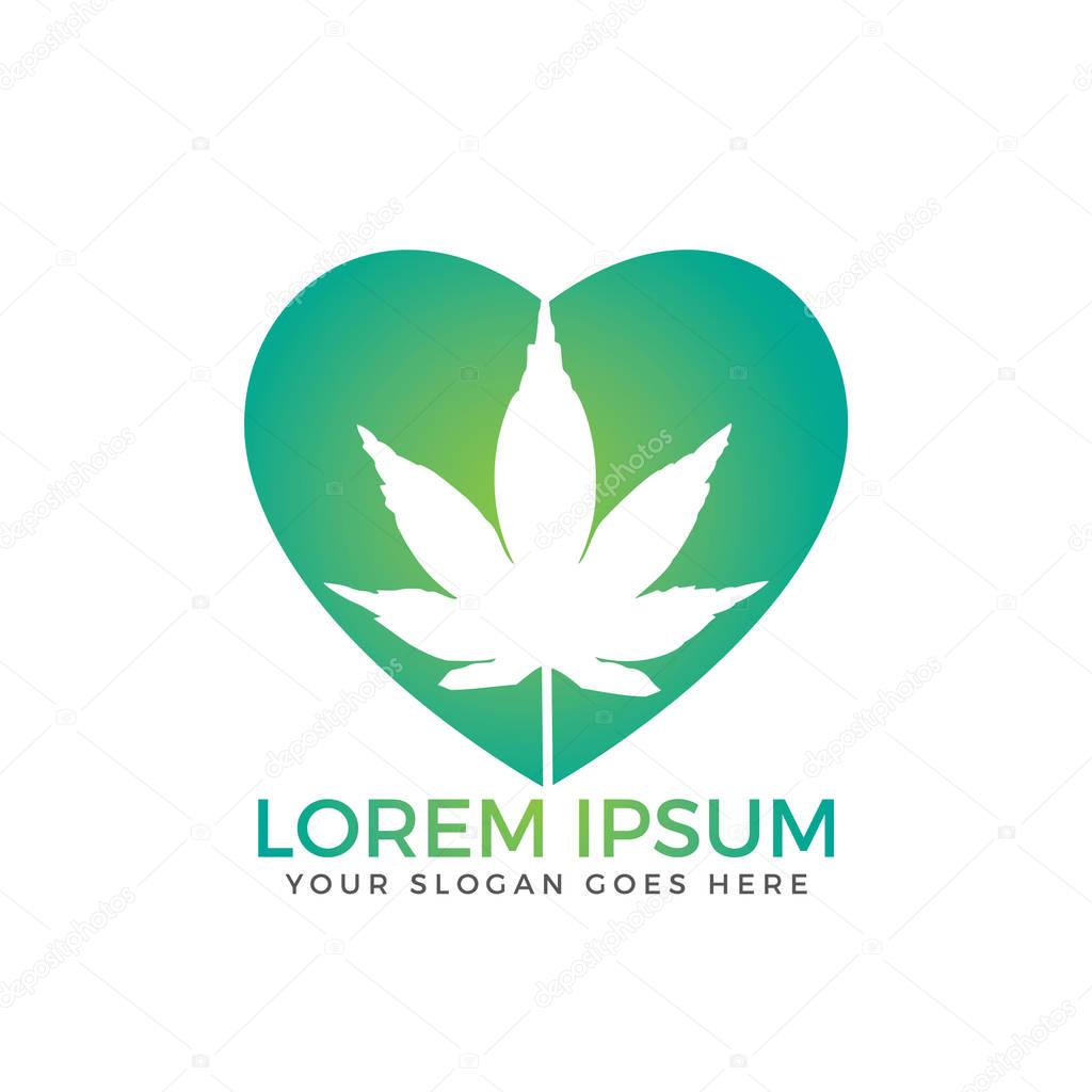 Heart symbol with cannabis leaf inside logo design. marijuana logo design template.