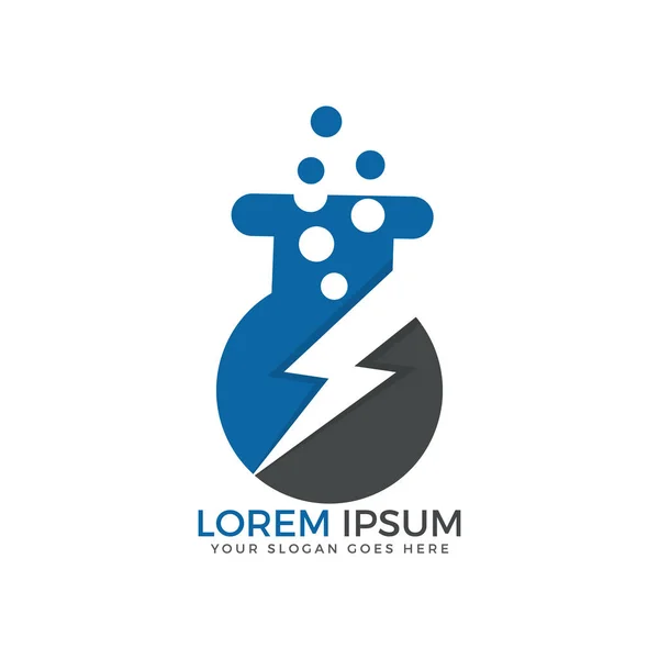 Şişesi ve thunderbolt vektör logo tasarımı. Laboratuvar ekipmanları vektör logosu.
