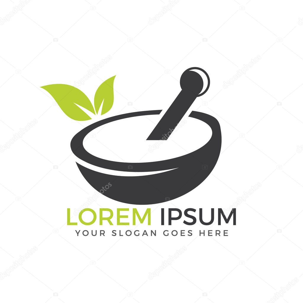 Pharmacy medical logo. Natural mortar and pestle logo.