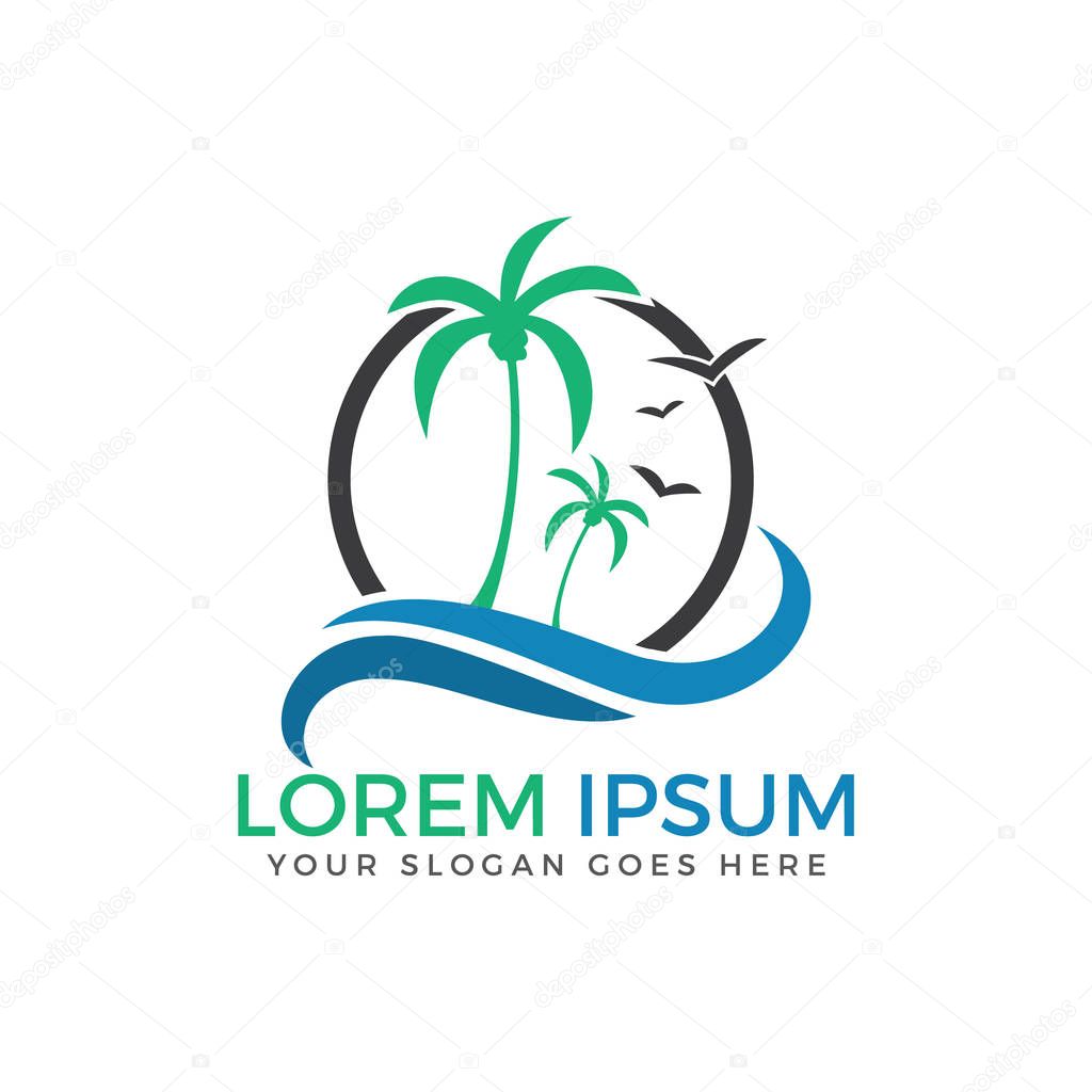 Beach and palm tree vector logo. Travel and tourism sign.