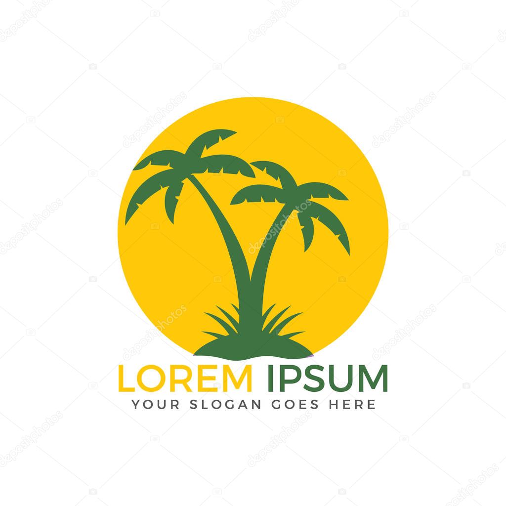 Logo of travel agency. Logo with palm trees, island, sea and sun.