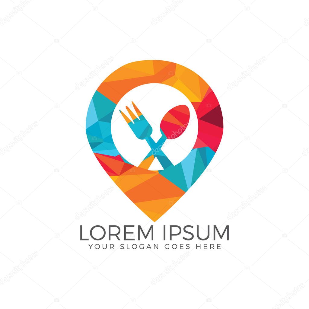 Food point logo design. Spoon, fork and pin sign logo template.