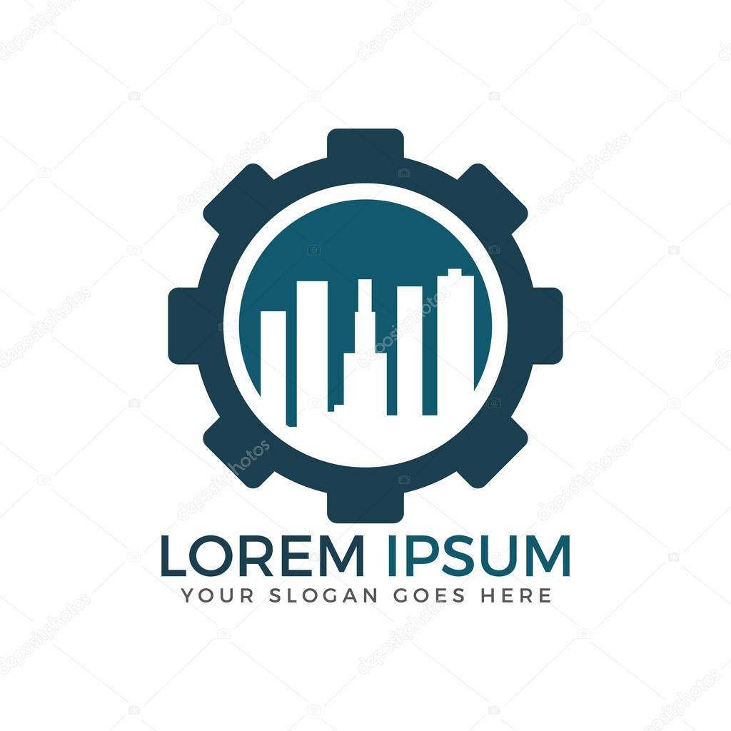 Building construction and engineering logo design concept. Creative symbol layout with gear, hammer and buildings shape.