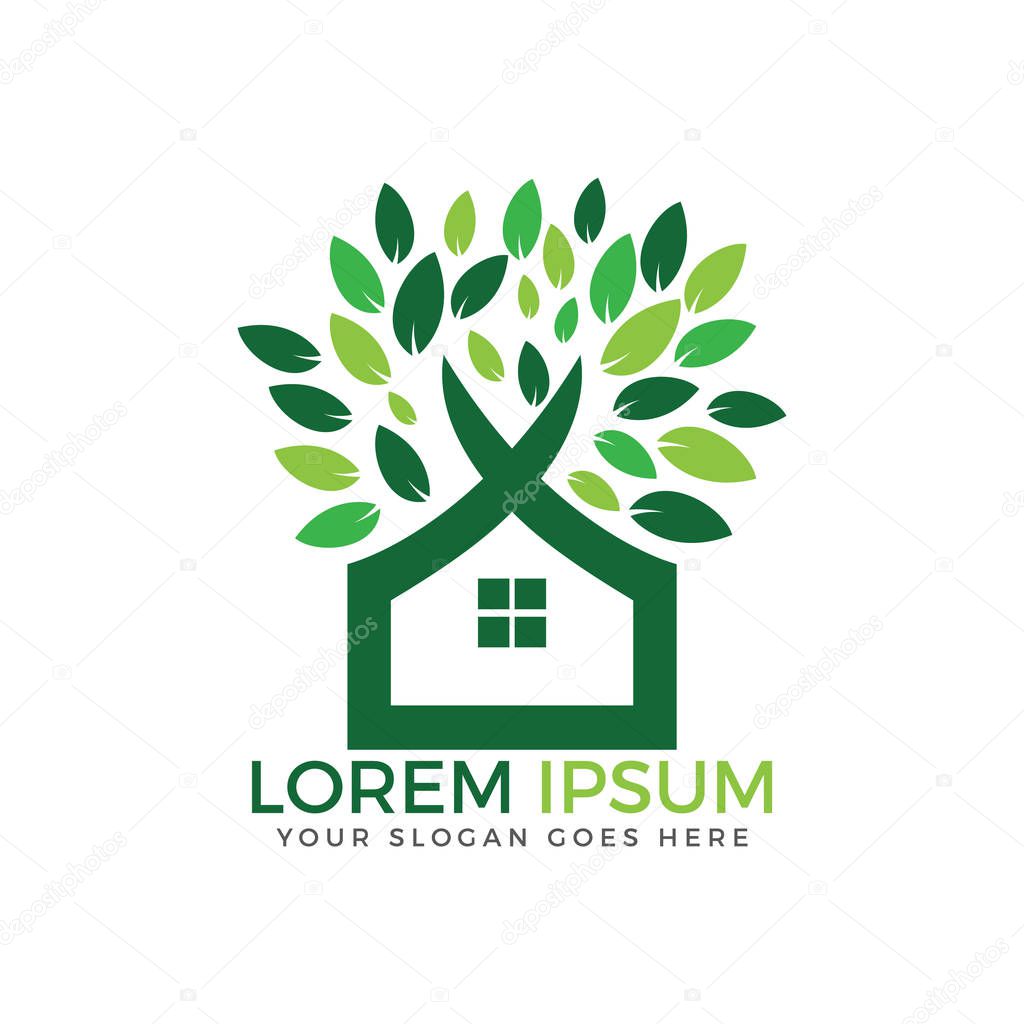 Green tree house vector logo design.