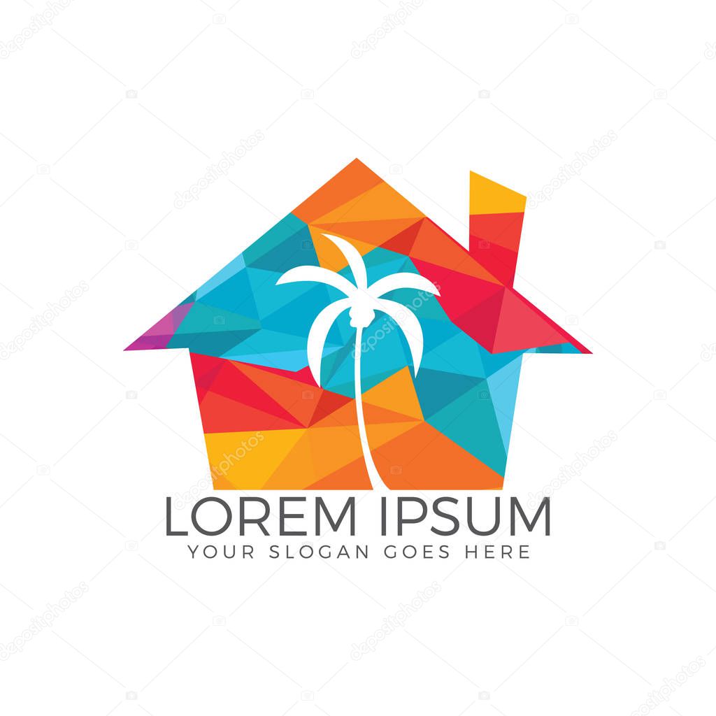 Tropical beach house and palm tree logo design.