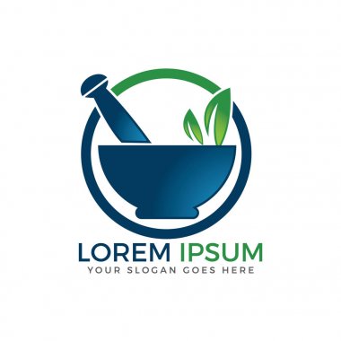 Eczane tıbbi logosu. Doğal harç ve tokmak logosu.