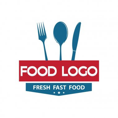 Gıda Logo metin vektör logo tasarımı. Çatal, bıçak ve kaşık işareti gıda logosu.