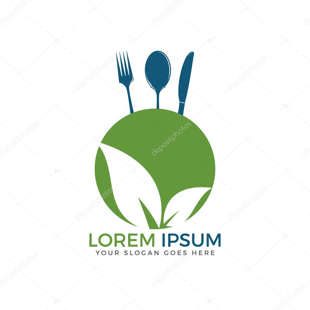 Modern vector healthy fresh food logo design. Vegetarian food symbol. Leaves with knife and fork in negative space.