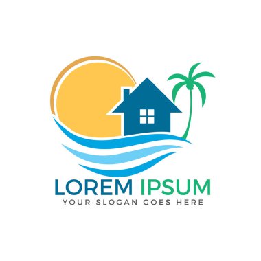 Ev ve plaj güneş ve palmiye ağacı logosu tasarımlı..