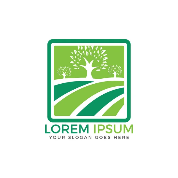 Organik tarım logo tasarımı. tarım manzara simgesi gökyüzü güneş alan çim için çevre amblemi.