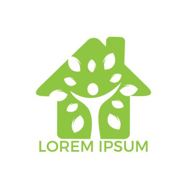 İnsan hayatı logo simge soyut kişi ağaç ve ev vektörünün. Aile ağacı işareti ve sembolü.