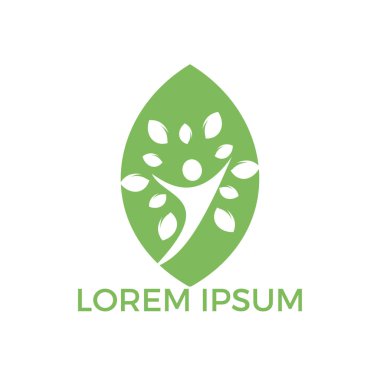 Ağaç insanlar yaprak şekli logosu. Sağlıklı insanlar logo tasarımı. İnsan hayatı logo simge soyut insan ağaç vektör.