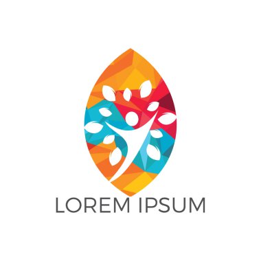 Ağaç insanlar yaprak şekli logosu. Sağlıklı insanlar logo tasarımı. İnsan hayatı logo simge soyut insan ağaç vektör.