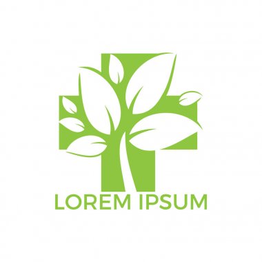 Vektör logo kavramı çizim tıbbi çapraz ve yeşil yapraklar. Doğal sağlık Logo, doğal tedavi Logo.