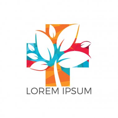 Vektör logo kavramı çizim tıbbi çapraz ve yeşil yapraklar. Doğal sağlık Logo, doğal tedavi Logo.
